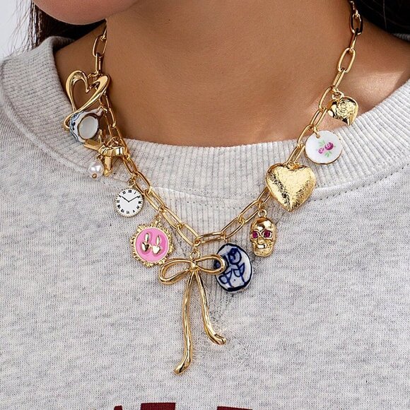 Multicolor Trendy Women's Handpainted Ceramic Bowknot Pendant Necklace - Picture 3 of 3